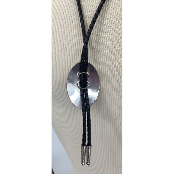 Western Style Black Braided Leather Bolo Tie With Silver/Gold Eagle & Floral Ova - Picture 3 of 3